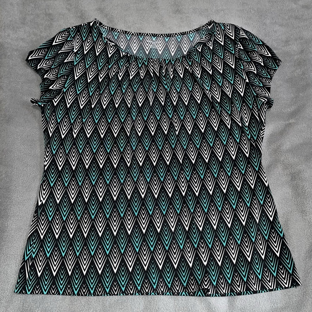 Worthington Women's Petite XL Teal White & Black Short Sleeve Top Shirt Blouse